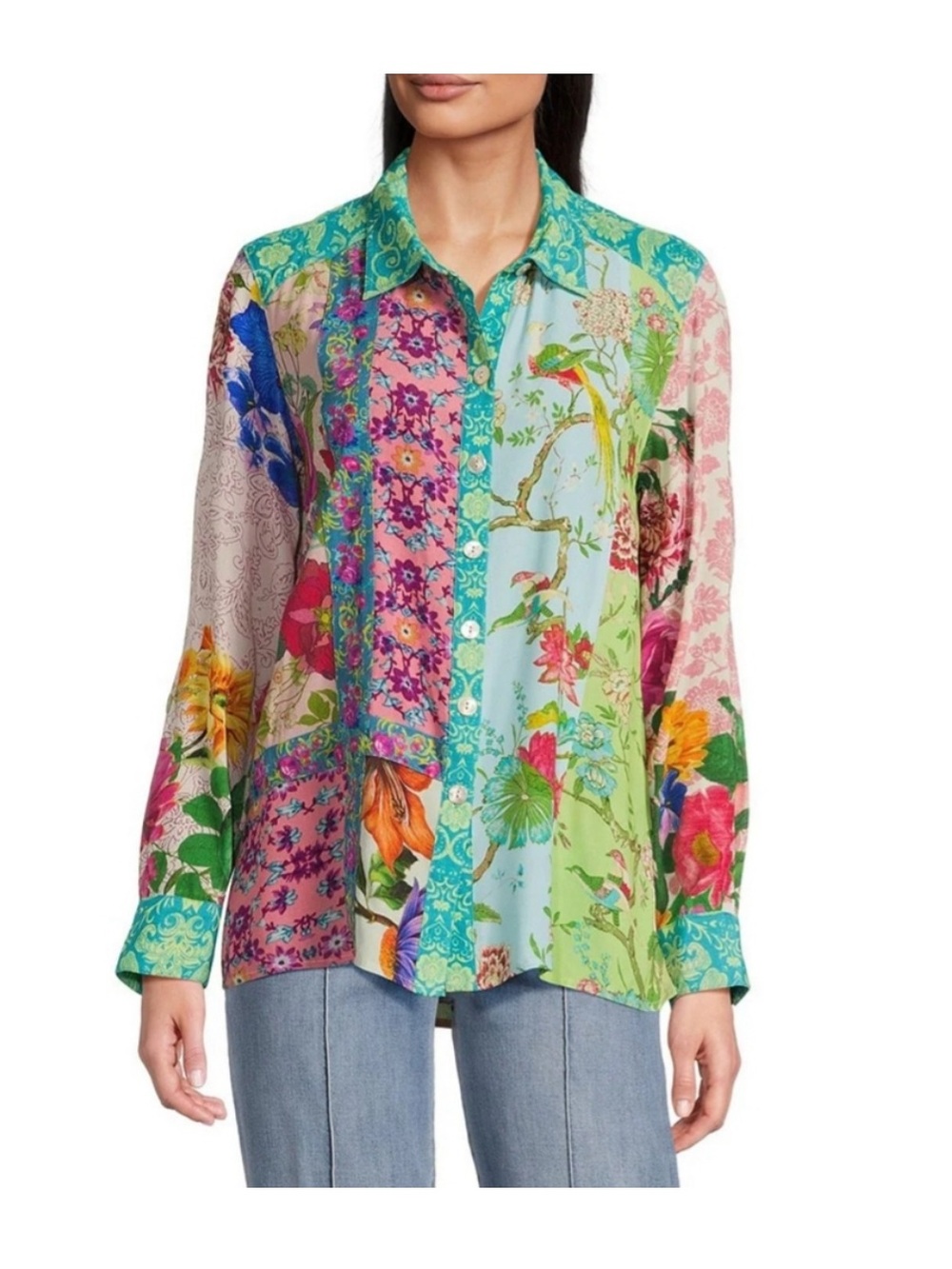 NWT JOHN MARK Floral Patchwork mixed Media Button-Up roll tab Shirt Sz XL petite